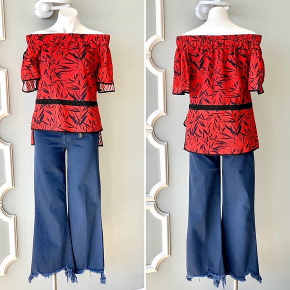 Prabal Gurung Off The Shoulder Printed Eyelet Blouse Size 6 - Picture 6 of 12